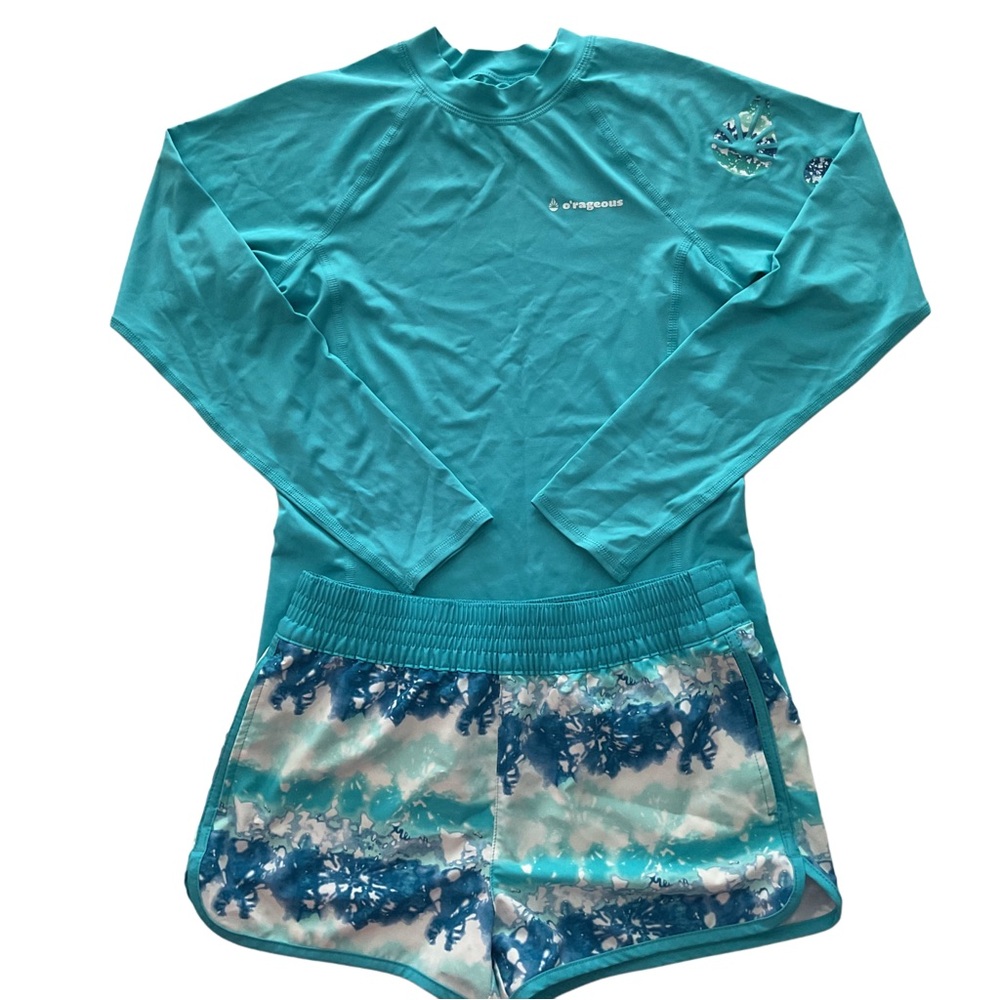 O’rageous Girls Two‎ Piece Swimsuit Set Shorts & Top Long Sleeve Blue